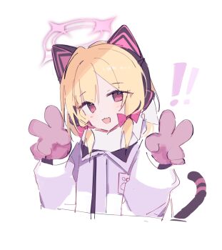 Rule 34 | !, !!, 1girl, :d, animal ear headphones, animal ears, blonde hair, blue archive, blush, bow, cat ear headphones, cat ears, cat tail, cropped torso, double v, fake animal ears, fake tail, gloves, hair bow, halo, hands up, headphones, highres, jacket, kiri y, long sleeves, looking at viewer, lossy-lossless, low-tied sidelocks, making-of available, medium hair, momoi (blue archive), momoi (winter) (blue archive), multicolored jacket, official alternate costume, open mouth, parted bangs, pink bow, pink eyes, pink gloves, pink halo, purple jacket, scarf, sidelocks, simple background, smile, solo, tail, teeth, two-tone jacket, upper body, upper teeth only, v, white background, white jacket, white scarf, winter clothes
