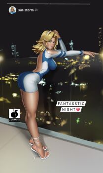 arched_back artist_logo ass backless_dress backless_outfit bare_legs blonde_hair blue_eyes dress earrings english_text fantastic_four hairband high_heels highres hoop_earrings instagram jewelry linkartoon logo looking_at_viewer marvel medium_hair minidress night open-toe_shoes stiletto_heels strappy_heels sue_storm tight_clothes tight_dress toes