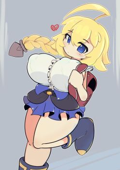 1girl adapted_costume ahoge arc_system_works backpack bag blazblue blazblue:_central_fiction blonde_hair blue_eyes blue_skirt braid braided_ponytail breasts center_frills covered_erect_nipples curvy es_(xblaze) frills hair_between_eyes heart highres huge_ahoge huge_breasts light_blush long_hair looking_at_viewer red_bag shirt shortstack simple_background single_braid skirt solo thick_thighs thighs underbust white_shirt xblaze yerbmeow