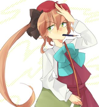 1girl akigumo_(kancolle) bag beret black_ribbon bow brown_hair dress green_eyes hair_between_eyes hair_ribbon hat kantai_collection long_hair long_sleeves looking_at_viewer mole mole_under_eye mouth_hold nkgmnkg pencil red_hat ribbon school_uniform shirt simple_background solo very_long_hair white_shirt