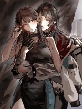 2girls bang_dream! bang_dream!_it's_mygo!!!!! black_dress black_gloves black_hair blue_eyes blush brown_hair closed_mouth dress feiyu30903448 gloves highres hug hug_from_behind long_hair mole mole_under_eye multiple_girls parted_lips purple_eyes shiina_taki sweat timoris_(bang_dream!) yahata_umiri yuri