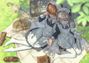 Rule 34 | 2girls, :o, alternate costume, apron, book, brown hair, brown shoes, closed mouth, cup, day, girls und panzer, grass, grey hair, highres, kettle, liberta815, long hair, maid, maid apron, maid headdress, multiple girls, nishizumi miho, outdoors, picnic, picnic basket, plate, shimada arisu, shoes, short hair, sleeping, suitcase, teacup, thighhighs, umbrella, white thighhighs