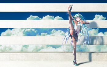 Rule 34 | 1girl, aqua eyes, aqua hair, aqua nails, aqua necktie, aqua shoes, aqua trim, arm up, arm warmers, armpits, bare shoulders, black arm warmers, black thighhighs, blue sky, blush, breasts, closed mouth, cloud, collared shirt, colored shoe soles, commentary request, full body, groin tendon, hair between eyes, hatsune miku, heel stretch, high heels, highres, holding own foot, long hair, medium breasts, miniskirt, nail polish, necktie, outdoors, panties, pantyshot, pleated skirt, shadow, shirt, shoe soles, shoes, sidelocks, skirt, sky, sleeveless, sleeveless shirt, smile, solo, split, square hair ornament, standing, standing on one leg, standing split, stiletto heels, strappy heels, striped background, striped clothes, striped panties, thighhighs, twintails, underwear, upskirt, v, very long hair, vocaloid, white shirt, wide-eyed, wokada