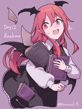 Rule 34 | aomurasaki r, black skirt, black vest, black wings, book, character name, collared shirt, commentary, demon wings, fang, flying paper, frilled skirt, frills, head wings, highres, holding, holding book, koakuma, long hair, long sleeves, necktie, notice lines, open mouth, paper, purple background, red eyes, red hair, red necktie, shirt, skirt, touhou, twitter username, vest, white shirt, wings