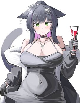 1girl absurdres adjusting_dress alternate_breast_size_(larger) alternate_costume animal_ears arknights bare_shoulders black_choker black_gloves black_hair black_jacket blush breasts cat_ears cat_girl cat_tail choker cleavage collarbone cowboy_shot cup dress ears_down flying_sweatdrops fur_trim gloves green_eyes grey_dress highres holding holding_cup huge_breasts jacket jessica_(arknights) jessica_the_liberated_(arknights) long_hair looking_at_viewer multicolored_hair purple_hair simple_background solo spam_(spamham4506) sweat tail white_background