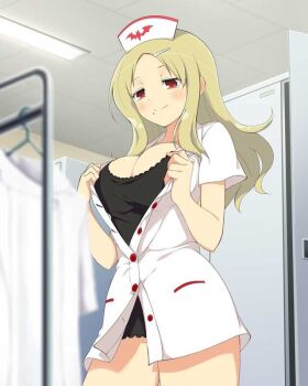 1girl animal_print bat_print black_chemise blonde_hair blush breasts ceiling ceiling_light chemise cleavage clothes_hanger clothes_rack dress fluorescent_lamp hair_ornament hairclip half-closed_eyes hat large_breasts locker locker_room long_hair mole mole_under_mouth nurse nurse_cap official_art parted_bangs partially_undressed red_eyes senran_kagura senran_kagura_new_wave senran_kagura_shinovi_versus shiki_(senran_kagura) shiny_skin shirt short_dress short_sleeves smile solo tile_ceiling tiles undressing unworn_shirt white_dress white_shirt