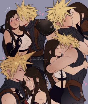 1boy 1girl armor artist_name bare_shoulders black_gloves black_hair black_skirt blonde_hair blush breasts closed_eyes closed_mouth cloud_strife couple crop_top crying earrings final_fantasy final_fantasy_vii final_fantasy_vii_remake fingerless_gloves from_side gloves heart hetero highres hug jewelry johannathemad kiss kissing_cheek kissing_forehead long_hair medium_breasts multiple_views notice_lines profile red_eyes short_hair shoulder_armor single_earring skirt sleeveless sleeveless_turtleneck smile spanish_commentary spiked_hair stud_earrings surprise_kiss surprised suspender_skirt suspenders sweater tank_top tears tifa_lockhart turtleneck turtleneck_sweater upper_body white_tank_top