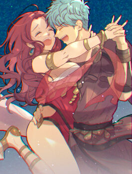 1boy 1girl alternate_costume ancient_greek_clothes armlet belly_chain blue_hair bracelet breasts brown_hair caspar_von_bergliez caspar_von_bergliez_(timeskip) choker cleavage closed_eyes commentary_request dancer dancer_(fire_emblem:_three_houses) dancing dorothea_arnault dress earrings fire_emblem fire_emblem:_three_houses gladiator_sandals gold_sandals greco-roman_clothes happy highres jewelry kh_(tanakananataka) laughing long_hair medium_breasts nintendo open_mouth pelvic_curtain red_nails sandals short_hair sideboob single-shoulder_dress single_strap smile thighs tunic