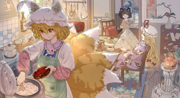 3girls ahoge animal_ears animal_hat apron artist_name backpack bag black_hair blonde_hair bottle bow bowl breakfast buttons calendar_(object) carpet cat_ears cat_tail cat_teaser chair chen chopsticks closed_eyes closed_mouth clothes_writing coffee_pot commentary_request cup dahuang daruma_doll dated dishes dress fox_tail hair_between_eyes hair_bow hat hat_ribbon highres indoors knife long_hair looking_down mob_cap mouse_(animal) multiple_girls ofuda pajamas plant pot potted_plant randoseru red_bow red_ribbon ribbon rice rice_bowl rice_cooker saucer shamoji sitting sleepy slice_of_life smile spatula sticker stove tail teacup teapot tears touhou vase white_dress white_hat window yakumo_ran yakumo_yukari yawning yellow_eyes