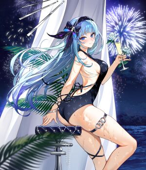 1girl 1i1 arched_bangs ass backless_swimsuit bar_stool black_bow black_hairband black_one-piece_swimsuit blue_eyes blue_hair blue_nails blurry blurry_foreground blush bow bracelet breasts champagne_flute closed_mouth closers commentary cup drinking_glass english_commentary feet_out_of_frame fireworks floating_hair flower from_side hair_bow hairband highres holding holding_cup jewelry long_hair looking_at_viewer medium_breasts mixed-language_commentary nail_polish night night_sky ocean one-piece_swimsuit outdoors rose sideboob signature skindentation sky smile solo standing stool swimsuit thick_eyebrows thigh_strap violet_(closers) wet white_flower white_rose