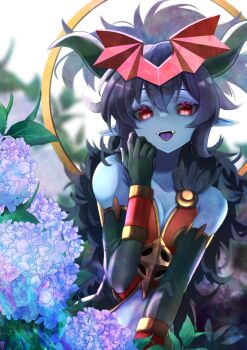 1girl bare_shoulders black_fur black_gloves black_horns black_sclera black_wings blue_skin breasts colored_sclera colored_skin colored_tongue demon_girl demon_horns elbow_gloves fur_trim gloves highres horns looking_at_viewer mephisto_pheles_(shinrabanshou) navel open_mouth pointy_ears purple_tongue red_eyes red_wings sharp_teeth shinrabanshou short_hair small_breasts smile solo teeth tongue wings zero_pheles