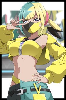 1girl absurdres aqua_hair bandeau belt black_mask blonde_hair blue_eyes blue_nails breasts canari_(pokemon) center-flap_bangs criss-cross_straps cropped_jacket dark-skinned_female dark_skin highres jacket large_breasts long_sleeves looking_at_viewer mask mouth_mask multicolored_hair navel nintendo pants pokemon pokemon_legends:_z-a shabana_may short_twintails solo split-color_hair sports_bra stomach twintails two-tone_hair two-tone_mask w yellow_bandeau yellow_jacket yellow_mask yellow_nails yellow_sports_bra
