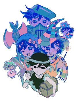 Rule 34 | 2girls, 4boys, absurdres, alternate costume, antenna hair, armor, aubrey (headspace) (omori), aubrey (omori), axe, basil (headspace) (omori), basil (omori), black eyes, black hair, bow, bright pupils, brother and sister, brothers, checkered clothes, checkered hat, checkered scarf, chibi, closed mouth, colored skin, crossdressing, crossdressing (mtf), double-parted bangs, double-sided axe, dress, flower, grin, hair between eyes, hair bow, hair flower, hair ornament, hat, hero (headspace) (omori), hero (omori), highres, holding, holding axe, holding chest, holding knife, holding wand, kel (headspace) (omori), kel (omori), knife, knight, long hair, looking at viewer, mari (headspace) (omori), mari (omori), milkymilkyshark, multiple boys, multiple girls, omori, omori (omori), one eye closed, open mouth, pink bow, pink dress, purple eyes, purple hair, scarf, short hair, siblings, sidelocks, simple background, smile, sweatdrop, teeth, treasure chest, upper teeth only, wand, white background, white pupils, white skin, wizard hat