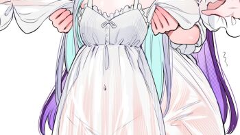 2girls blue_hair breasts carrying carrying_person commentary dress english_commentary fern_(sousou_no_frieren) frieren grey_hair long_hair multicolored_hair multiple_girls no_panties outstretched_arms purple_hair qiandaiyiyu see-through_clothes see-through_dress simple_background small_breasts sousou_no_frieren spread_arms t-pose thumbnail_collage two-tone_hair white_background white_dress