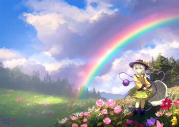 1girl black_boots black_hat blue_sky boots cloud cloudy_sky commentary_request day dise_(psychoro) field flower flower_field green_eyes green_hair green_skirt hat hat_ribbon heart heart_of_string highres holding holding_umbrella kochiya_sanae long_sleeves outdoors pink_flower pink_rose purple_flower rainbow red_flower ribbon rose scenery shirt short_hair skirt sky solo standing third_eye touhou tree umbrella white_umbrella wide_shot yellow_flower yellow_ribbon yellow_shirt