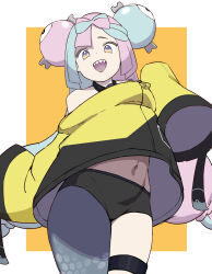 Rule 34 | 1girl, :d, aqua hair, black shorts, bow-shaped hair, character hair ornament, commentary, creatures (company), game freak, hair ornament, highres, iono (pokemon), jacket, kachobi (user atuh5854), long sleeves, looking at viewer, multicolored hair, navel, nintendo, open mouth, orange background, pink hair, pokemon, pokemon sv, sharp teeth, shorts, single leg pantyhose, sleeves past fingers, sleeves past wrists, smile, solo, standing, teeth, thigh strap, two-tone background, two-tone hair, upper teeth only, white background, yellow eyes, yellow jacket
