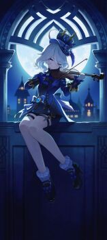 1girl ;) ahoge architecture black_gloves blue_bow blue_bowtie blue_dress blue_eyes blue_gem blue_hat blue_shorts bow bow_(music) bowtie calves chinese_commentary commentary_request dress frilled_sleeves frilled_socks frilled_wrist_cuffs frills from_below furina_(genshin_impact) gem genshin_impact gloves greco-roman_architecture hat hat_ornament high_collar high_heels highres holding holding_instrument holding_violin instrument jewelry long_sleeves looking_at_viewer moon night no_nose one_eye_closed playing_violin ribbon shengqiandebayilaoye short_hair shorts skinny smile socks solo thigh_strap thighs violin white_gloves white_hair wrist_cuffs