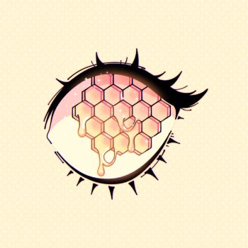 Rule 34 | 1other, colored sclera, dripping, eye focus, ghoulkiss, glowing, honey, honeycomb (object), monochrome, original, pastel colors, polka dot, polka dot background, sparkle, symbol in eye, yellow background, yellow eyes, yellow sclera, yellow theme
