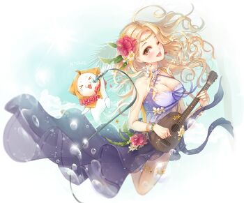 &gt;_&lt; 1girl a.tong ahoge animal bare_legs bare_shoulders bikini bikini_ribbon blonde_hair blue_bikini blue_choker blue_ribbon blue_sky border bracelet breasts brown_eyes cable cat chinese_commentary choker cleavage cloak clothed_animal cloud commentary_request criss-cross_halter cropped_legs day ear_covers eyelashes eyeshadow floating_clothes floating_hair flower flower_necklace flower_thigh_strap frilled_bikini frilled_choker frills gold_bracelet hair_flower hair_ornament halterneck happy headband hibiscus holding holding_microphone hood hood_up hooded_cloak instrument jewelry large_breasts lei light_blush light_particles long_hair makeup microphone miracle_nikki momo_(nikki) multiple_bracelets music necklace nikki_(series) one_eye_closed open_mouth outdoors outside_border palm_tree pink_flower playing_instrument purple_sarong red_eyeshadow ribbon sarong signature singing sky smile sun swimsuit thigh_strap tree ukulele water_drop wavy_hair whiskers white_border white_cat white_flower wonderful_holidays_(miracle_nikki) yellow_cloak yellow_headband
