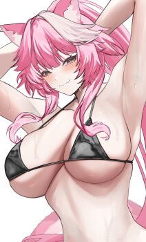 1girl absurdres animal_ear_fluff animal_ears armpits arms_behind_head arms_up bikini black_bikini breasts center-flap_bangs cleavage closed_mouth commentary double-parted_bangs fang halterneck highres hololive hololive_english large_breasts long_hair looking_at_viewer micro_bikini multicolored_hair panther_ears panther_girl panther_tail pink_hair ponytail raora_panthera si_farid sidelocks simple_background single_hair_streak skin_fang smile solo streaked_hair string_bikini swimsuit tail upper_body very_long_hair virtual_youtuber white_background white_streaks yellow_eyes
