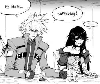 ... 1boy 1girl absurdres bandaged_arm bandages bar_(place) bb_(baalbuddy) blazblue braid breasts cape chest_strap choker cleavage collarbone commentary crossover cup english_commentary english_text gloves hair_between_eyes highres ice ice_cube jacket monochrome open_clothes open_jacket open_mouth ragna_the_bloodedge side_braid sitting speech_bubble spiked_hair spoken_ellipsis sword tales_of_(series) tales_of_berseria torn_clothes trait_connection velvet_crowe weapon
