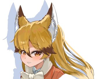 1girl animal_ears blush bow bowtie brown_hair collared_shirt extra_ears ezo_red_fox_(kemono_friends) fox_ears fox_girl hair_between_eyes jacket kemono_friends llxeee long_hair looking_at_viewer necktie orange_eyes orange_hair orange_jacket shirt sidelocks smile solo white_bow white_bowtie white_necktie white_shirt