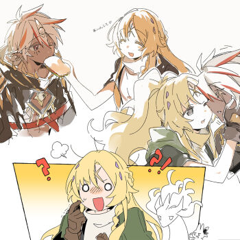 !? 1boy 2girls 3_ma_me albaz_(yu-gi-oh!) albion_the_shrouded_dragon blonde_hair blush braid cat_girl dark-skinned_male dark_skin dragon dragon_horns duel_monster eating ecclesia_(yu-gi-oh!) facial_mark fallen_of_albaz food forehead_mark gloves highres horns incredible_ecclesia_the_virtuous kitt_(yu-gi-oh!) long_hair multicolored_hair multiple_girls one_eye_closed open_mouth red_eyes red_hair sandwich simple_background smile stigmata tri-brigade_kitt white_background white_hair yu-gi-oh!