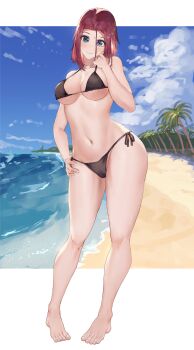 1girl absurdres aochoku backlighting bare_arms bare_legs bare_shoulders barefoot bikini black_bikini blue_eyes blush breasts cleavage closed_mouth code_geass collarbone commentary commission curvy day english_commentary eyelashes feet fingernails full_body groin hair_between_eyes halterneck hand_on_own_hip hand_up head_tilt highres kouzuki_kallen large_breasts legs looking_at_viewer medium_hair navel outdoors parted_bangs red_hair second-party_source shiny_skin side-tie_bikini_bottom simple_background smile solo standing stomach swimsuit thighs thong thong_bikini toenails toes wide_hips