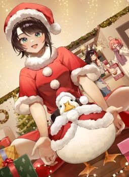 3girls :d alternate_costume amesui animal_ears aqua_eyes belt bird black_belt box brown_hair christmas_tree commentary_request dress duck dutch_angle finger_to_mouth fur-trimmed_dress fur-trimmed_headwear fur_trim gift gift_box hat highres hololive indian_style indoors long_hair looking_at_viewer multiple_girls ookami_mio oozora_subaru open_mouth pom_pom_(clothes) red_dress red_socks rubber_duck sakura_miko santa_costume santa_dress santa_hat short_dress short_hair short_sleeves shushing sitting smile socks solo_focus subaru_duck swept_bangs virtual_youtuber wolf_ears wolf_girl wooden_floor