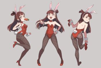 animal_ears ass bow bowtie breasts brown_hair cleavage collarbone detached_collar eccomicco fake_animal_ears high_heels highres kagari_atsuko leotard little_witch_academia long_hair looking_at_viewer playboy_bunny rabbit_ears red_bow red_bowtie red_eyes red_heels red_leotard red_shoes shoes wrist_cuffs