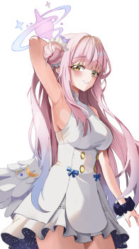 1girl absurdres arm_up armpits bare_legs blue_archive erum_4066 highres looking_at_viewer mika_(blue_archive) pink_hair simple_background solo white_background yellow_eyes