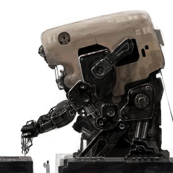 2boys claws clipboard cyberpunk driving fence highres lab_coat machine machinery male_focus mecha mechanical multiple_boys oguchi original piloting robot screw simple_background