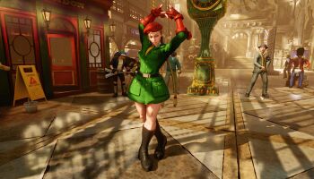 2girls 3d 5boys alternate_costume bare_legs blonde_hair braid cammy_white capcom full_body hat highres indoors legs long_hair multiple_boys multiple_girls screencap street_fighter street_fighter_v