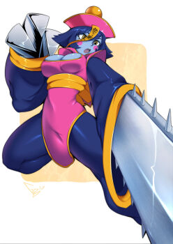 1girl 2018 absurdres action baggy_pants blue_pants blue_skin blush_stickers border bow breasts capcom chainsaw chinese_clothes claw_(weapon) claw_pose claws cleavage cleavage_cutout clothing_cutout colored_skin commentary darkstalkers dress english_commentary flats flipped_hair foreshortening geistbox ghost hat highres hsien-ko jiangshi large_breasts leg_up long_sleeves looking_at_viewer mandarin_collar midair ofuda open_mouth outside_border outstretched_arm pants pelvic_curtain pink_hat pink_shoes purple_hair qingdai_guanmao sash serious shoes short_hair teeth upper_teeth_only v-shaped_eyebrows waist_bow weapon yellow_bow yellow_eyes yellow_sash yellow_trim