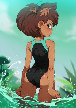 1girl amphibia anne_boonchuy ass breasts brown_hair cameltoe dark-skinned_female dark_skin from_behind jcm2 leaf leaf_on_head light_blush loli looking_at_viewer looking_back messy_hair one-piece_swimsuit partially_submerged plant small_breasts solo swimsuit thigh_gap twig wading water wet