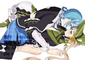2girls 55szt black_dress black_jacket black_pantyhose blonde_hair blue_hair blue_skirt braid braided_hair_rings commentary_request dress eye_contact green_bonnet green_eyes hair_rings hand_on_another's_back hand_on_another's_waist jacket looking_at_another mahou_shoujo_no_majo_saiban multiple_girls orange_eyes pantyhose simple_background skirt tachibana_sherry tono_hanna twintails watermark white_background yuri