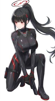 Rule 34 | 1girl, absurdres, black bodysuit, black hair, black halo, blue archive, blunt bangs, bodysuit, breasts, bright pupils, buckle, closed mouth, commentary request, finger on trigger, full body, gun, hair ornament, halo, handgun, highres, holding, holding gun, holding weapon, holster, impossible bodysuit, impossible clothes, large breasts, latex, latex bodysuit, long hair, m1911, multicolored halo, ocman, official alternate costume, official alternate hairstyle, on one knee, ponytail, red eyes, ringed eyes, rio (armed) (blue archive), rio (blue archive), sidelocks, simple background, skin tight, snap-fit buckle, solo, sweat, thigh holster, two-tone halo, very long hair, weapon, white background, white pupils