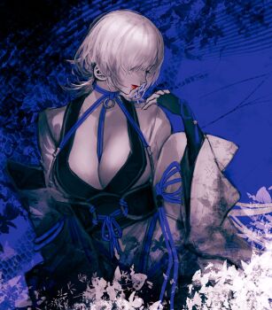 1girl breasts cleavage closed_eyes commentary_request highres japanese_clothes kimono large_breasts miko momota_ro5555 ninja_gaiden ninja_gaiden_4 obi obijime open_clothes open_kimono red_lips sash seori_(ninja_gaiden) solo white_kimono