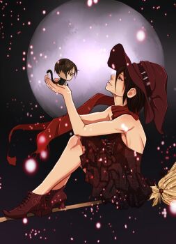 1boy 1girl absurdres affair alternate_costume anger_vein animal_ears ankle_boots bad_id bad_pixiv_id bad_tag bare_legs bare_shoulders betrayal boots breasts broom broom_riding cheating_(relationship) disgrace disgust dress full_moon halloween_costume hat highres incest incestuous incestus infidelity kemonomimi_mode levi_(shingeki_no_kyojin) mikasa_ackerman mini_person miniboy moon netorare netorase out_of_character red_scarf scarf shingeki_no_kyojin sideboob szajnie tail unfaithful witch_hat