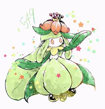 1girl bwmtk1110 colored_skin crown floral_background flower full_body gen_5_pokemon gold_crown green_hair green_skin hair_flower hair_ornament highres lilligant long_hair looking_at_viewer mini_crown monster_girl multicolored_skin nintendo no_mouth orange_eyes orange_flower plant_girl plant_hair pokedex_number pokemon pokemon_(creature) simple_background solo standing two-tone_skin white_background white_skin yellow_crown