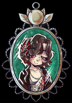 Rule 34 | 1girl, absurdres, bluelikethevoidarts, brown hair, commentary, english commentary, feathers, flapper, highres, jewelry, pendant, red eyes, reverse:1999, schneider (reverse:1999), short hair, simple background, solo