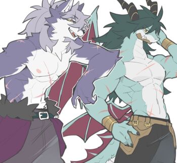 2boys abs animal_ears arm_on_another's_shoulder bangle bara bracelet claws closed_mouth colored_sclera commentary cross_scar dragon_boy dragon_horns dragon_tail dragon_wings english_commentary fangs fangs_out folgo_justice_fur_hire furry furry_male hand_on_own_hip highres horns jewelry looking_at_another male_focus multiple_boys multiple_scars muscular muscular_male navel nipples open_mouth pectorals rafale_champion_fur_hire scar scar_on_arm scar_on_chest scar_on_neck scar_on_shoulder scar_on_stomach shoko_contane tail topless_male white_background wings wolf_boy wolf_ears yellow_sclera yu-gi-oh!