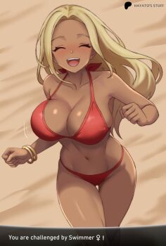 Rule 34 | artist name, beach, bikini, blonde hair, blush, bouncing breasts, bracelet, breasts, closed eyes, collarbone, dark-skinned female, dark skin, english text, facing viewer, gold bracelet, hayato stuff, highres, jewelry, large breasts, long hair, looking at viewer, multiple bracelets, navel, nintendo, open mouth, pokemon, pokemon xy, red bikini, smile, solo, standing, swimmer (pokemon), swimmer (pokemon xy), swimsuit, teeth, thighs, very long hair