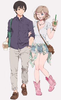 1boy 1girl ;d ahoge america_(female)_(hetalia) america_(hetalia) axis_powers_hetalia bag between_breasts black_hair blonde_hair blue_eyes blue_shirt bob_cut boots bracelet breast_pocket breasts brown_bag brown_eyes brown_shoes choppy_bangs cleavage clothes_around_waist cocked_eyebrow collared_shirt commentary_request contemporary couple cowboy_boots cup denim denim_shorts disposable_coffee_cup disposable_cup drinking_straw eye_contact full_body genderswap genderswap_(mtf) grabbing_another&#039;s_arm green_bag grin hair_between_eyes hair_ornament hairpin hand_in_pocket hand_up hetero holding holding_cup japan_(hetalia) jewelry knee_blush knees_together_feet_apart light_blush loafers looking_at_another lower_teeth_only metsunemaji83 multiple_hairpins necklace no_socks one_eye_closed open_mouth pants pants_rolled_up parted_bangs partially_unbuttoned pink_boots plaid_clothes plaid_shirt pocket shirt shirt_around_waist shoes short_hair short_shorts short_sleeves shorts shoulder_bag side-by-side simple_background sleeves_rolled_up smile standing standing_on_one_leg star_(symbol) star_hair_ornament starbucks strap_between_breasts t-shirt teeth torn_clothes torn_shorts v-neck watch wavy_hair white_background white_pants white_shirt wristwatch