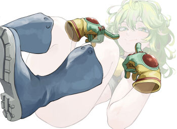 1girl absurdres blue_boots boku_no_hero_academia boots bottomless breasts closed_mouth colored_eyelashes commentary convenient_leg fengling_(furin-jp) fingers_to_cheeks foot_out_of_frame gem gloves green_eyes green_gloves green_hair hagakure_toru highres index_finger_raised knees_to_chest looking_at_viewer lying medium_breasts medium_hair multicolored_gloves on_back partially_invisible red_gemstone simple_background smile solo two-tone_gloves wavy_hair white_background yellow_gloves
