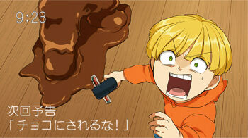 1boy animification blonde_hair chocolate codename:_kids_next_door commentary_request constricted_pupils duplicate from_above green_eyes hood hoodie looking_at_viewer numbuh_4 open_mouth pixel-perfect_duplicate solo_focus sweatdrop t_k_g timestamp translation_request