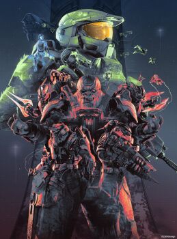 1girl 2204design 6+boys absurdres alien character_request cortana energy_sword gun halo_(series) highres holding holding_gun holding_weapon master_chief multiple_boys poster_(medium) spacecraft sword type-1_energy_sword weapon weapon_request