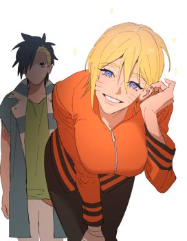 Rule 34 | 1boy, 1girl, adjusting bra, adjusting clothes, black pantyhose, blue eyes, boruto: naruto next generations, bra, breasts, facial mark, genderswap, genderswap (mtf), geonseung, grin, jacket, kawaki (boruto), leaning forward, looking at viewer, medium breasts, naruto (series), orange jacket, pantyhose, short hair, simple background, smile, underwear, uzumaki naruto, whisker markings