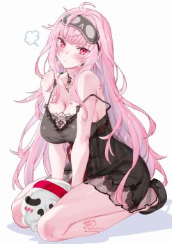 1girl artist_name bare_shoulders between_legs black_choker black_dress black_nightgown black_shoes black_slippers blush breasts choker closed_mouth commentary deadbeat_(mori_calliope) dress earrings headband highres hololive hololive_english jewelry kamiya_maneki large_breasts long_hair looking_at_viewer mask mask_on_head messy_hair mori_calliope mori_calliope_(sleepwear) nightgown pink_eyes pink_hair puff_of_air red_headband red_ribbon ribbon seiza shoes signature simple_background sitting skull skull_choker skull_earrings sleep_mask slippers solo strap_slip thighs twitter_username virtual_youtuber white_background