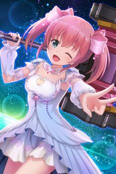 1girl ;d absurdres alternative_girls bow breasts cleavage cleavage_cutout clothing_cutout commentary_request detached_collar detached_sleeves dot_nose dutch_angle gem green_eyes hair_bow hammer heart_cutout highres holding holding_hammer holding_weapon horizon lens_flare mano_sakurako medium_hair night night_sky official_art one_eye_closed open_mouth outdoors over_shoulder pink_bow pink_hair red_gemstone second-party_source sky small_breasts smile solo sparkle star_(sky) starry_sky twintails v water weapon weapon_over_shoulder white_sleeves